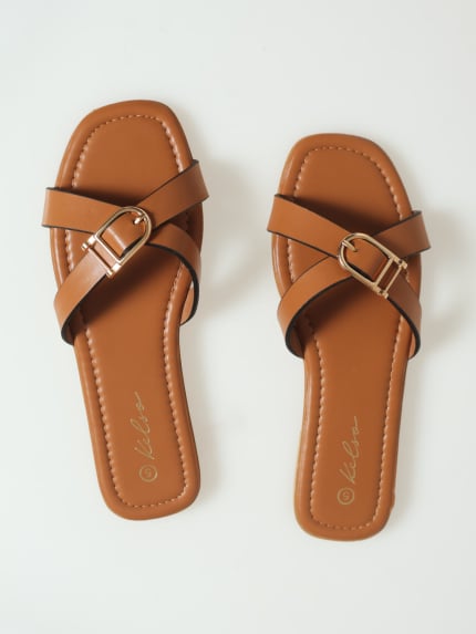 Cross Strap Buckled  Mule Sandal - Tan