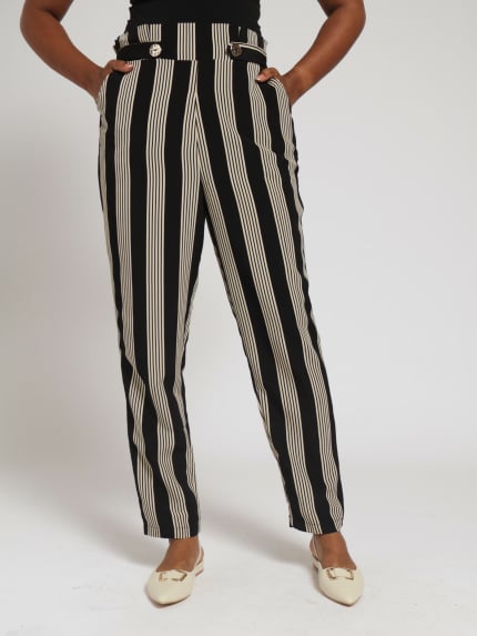 Paper Bag Button Tab Stripe Pants - Black/Beige