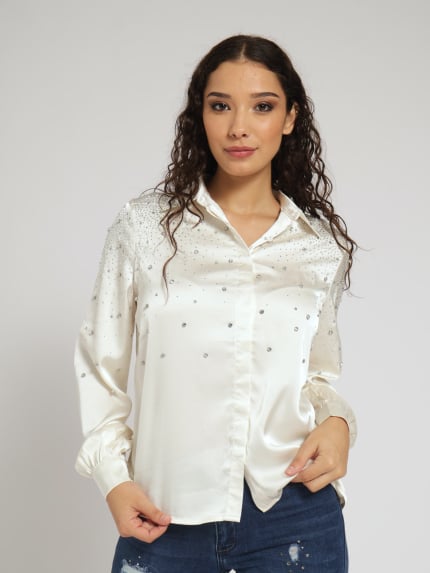 Long Sleeve Satin Shirt With Scattered Diamante Trim - Cream