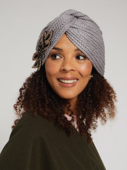 Embellished Knitted Turban - Grey