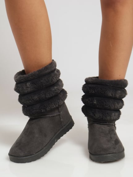 Fur Snow Boot With Back Tape - Grey