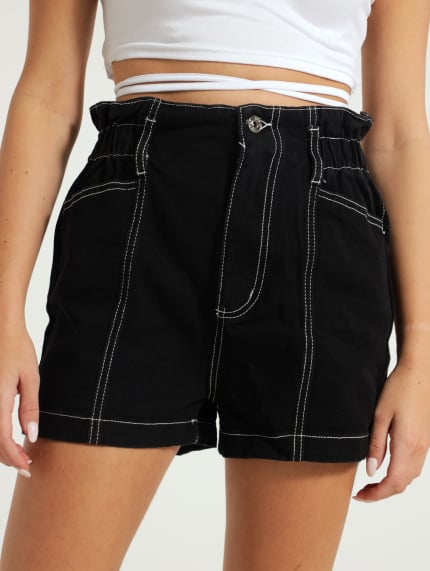 Paperbag Contrast Belted Shorts - Black