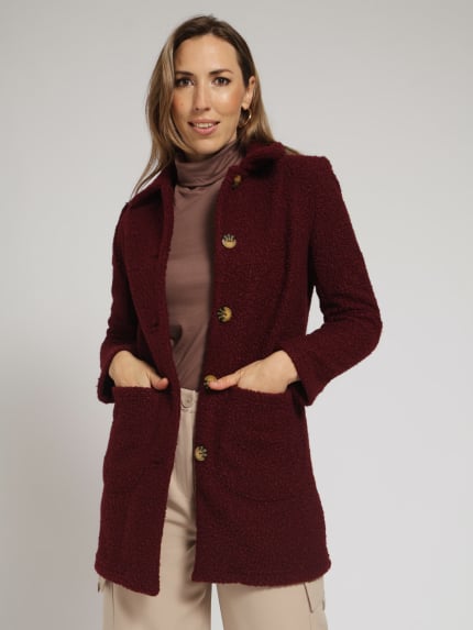 Collared Knit Boucle Button Through Coat - Wine