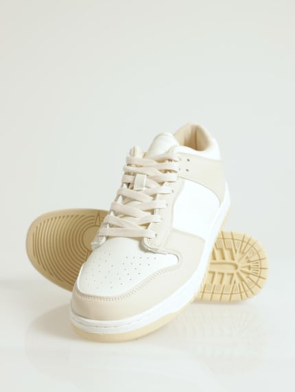 Pu Lace Up Panelled Sneaker - Beige