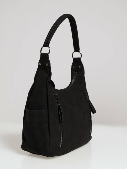 Front Zip Hobo Shopper Bag - Black