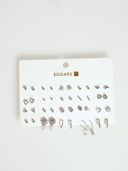 20 Pack Pearl, Heart & Diamante Earrings - Silver