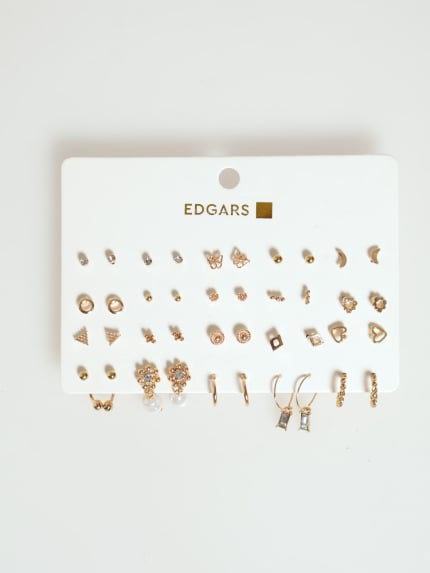 20 Pack Pearl, Heart & Diamante Earrings - Gold