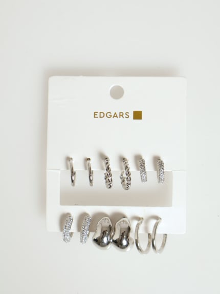 6 Pack Small Hoop Earrings - Silver