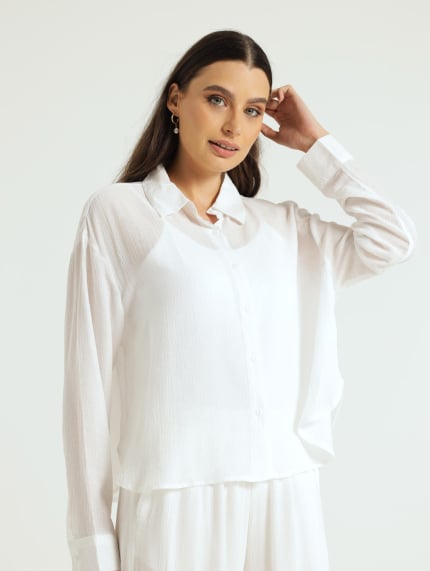 Long Sleeve Relaxed Crinkle Shirt - Off White