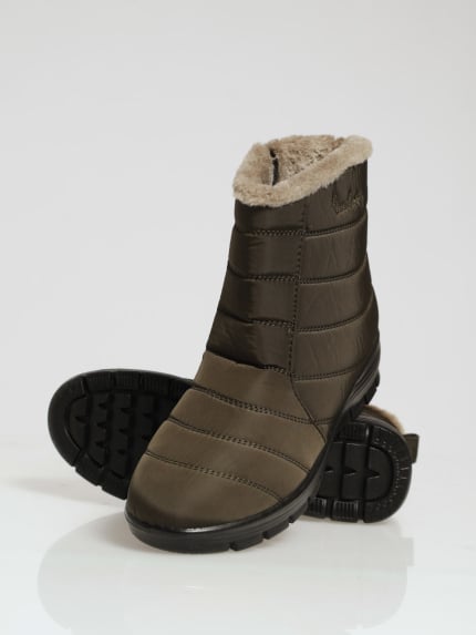 Panelled Nylon Fur Ankle Boot - Olive