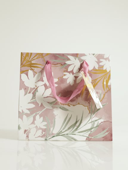 White Floral With Foil Gift Bag - Mauve