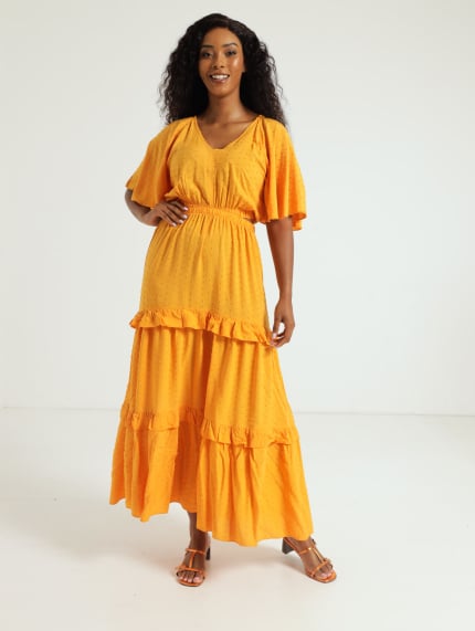 Flutter Sleeve Tiered Cutout Maxi Dress - Light Orange