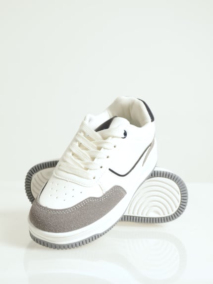 Boys Suede/Pu Fashion Sneaker - White/Grey