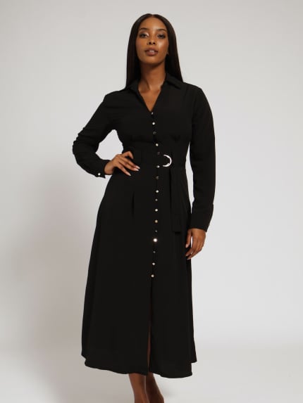 D-Ring Belted Maxi Shirt Dress - Black