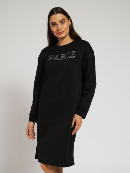Long Sleeve Fleece Dress With Paris Print - Black