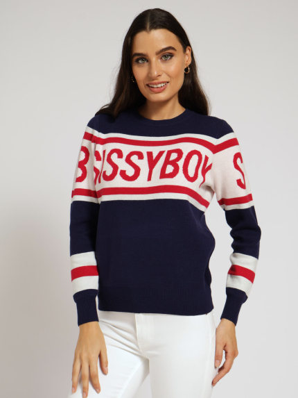 Loose Fit Crew Neck Sporty Stripe Branded Knit Top - Navy/Red
