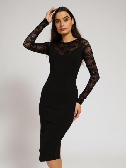 Long Sleeve Lace Insets Midi Dress - Black