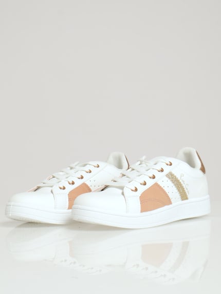 Side Panel Lace Up Sneaker - White/Gold