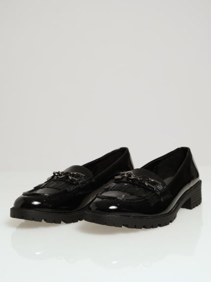 Cleated Sole Snake Tassle Loafer With Trim - Black
