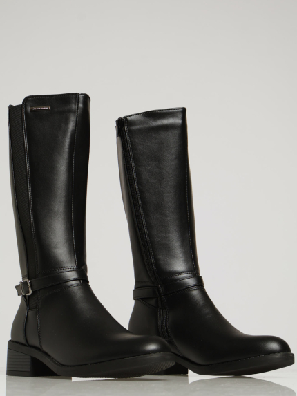 Side Buckle & Elastic Gusset Heeled Long Boots - Black