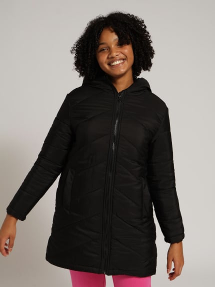 Girls Longer Length Puffer Jacket - Black
