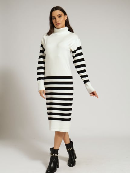 Long Sleeve Striped Shift Jersey Dress - Black/White