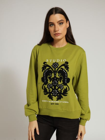 Fleece Top With Loop Embroidery Detail- Lime