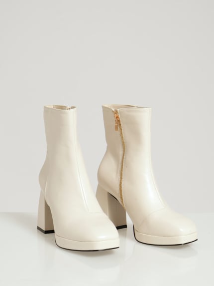 Low Platform Ankle Boot With Shaped Heel - Off White