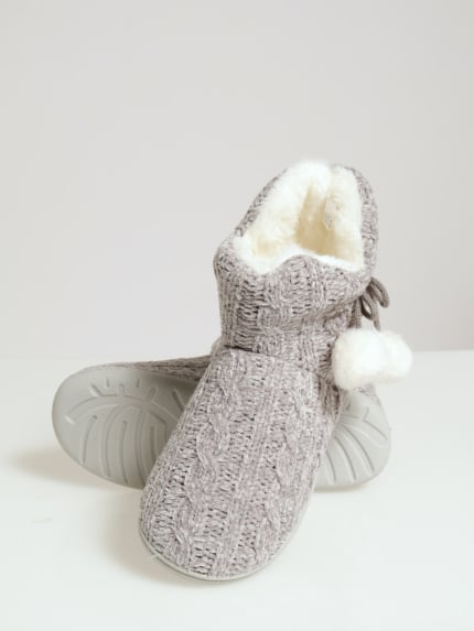 Cable Knit Slipper Bootie With Pompoms - Grey