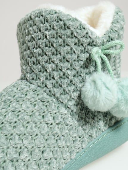 Cable Knit Slipper Bootie With Pompoms - Sage