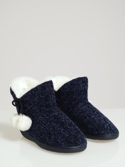 Cable Knit Slipper Bootie With Pompoms - Navy