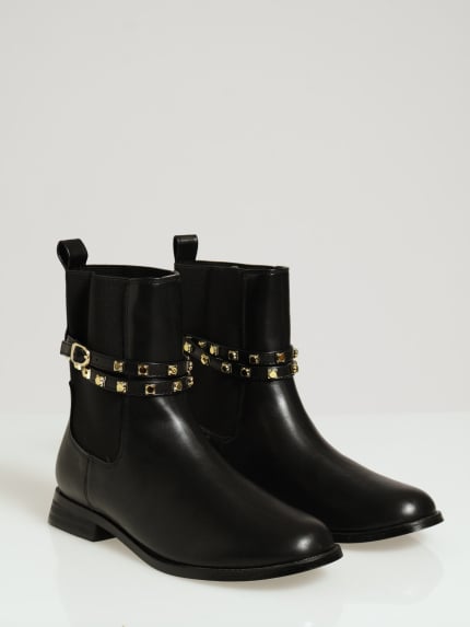 Low Chelsea Boot With Gold Stud Ankle Detail - Black