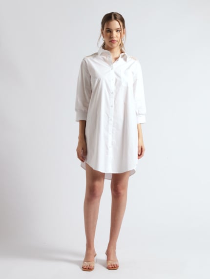 Midi Button Through Lace Inset Wth Pocket Dress - White