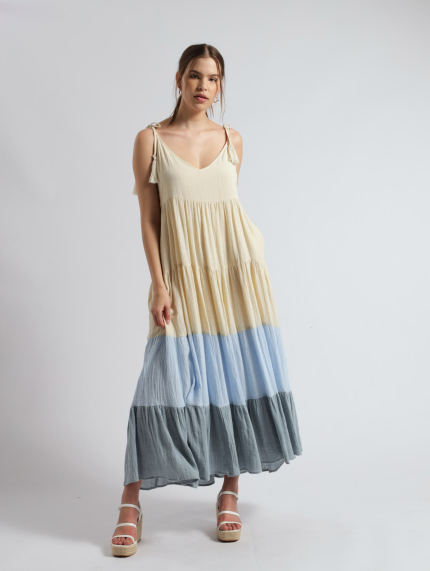 Strappy A Lined Tiered Pocket Sun Dress - Beige