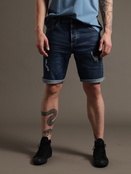 Tapperd Leg Denim Shorts With Abrasion - Denim