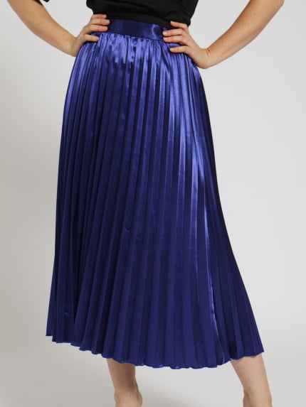 Pleated Midi Satin Skirt - Cobalt