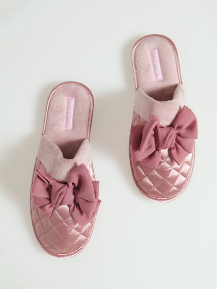 Quilted Closed Toe Slipper With Big Bow & Fur Topline - Mauve