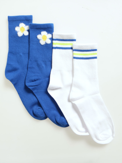 2 Pack Crew Flower Power Socks - Blue