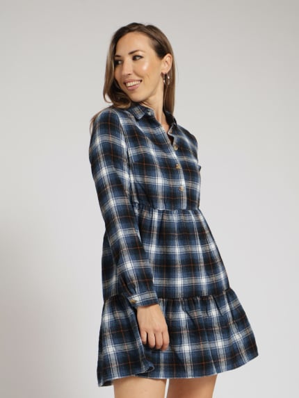 Long Sleeve Tiered Check Mini Dress - Navy/White