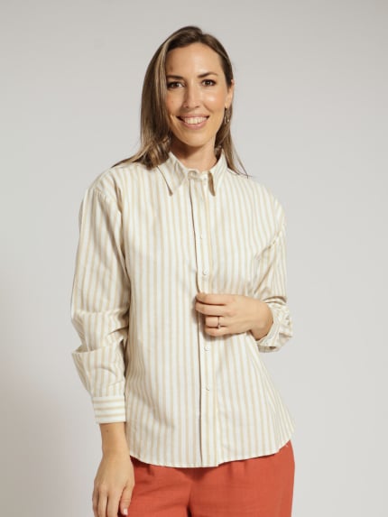 Long Sleeve Relaxed Stripe Linen Shirt - Stone