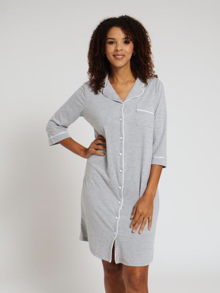 3/4 Sleeve Button Through Lace Sleepshirt - Grey Melange