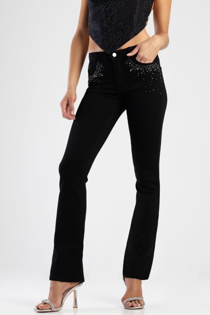 Mid Waist Bootleg Jean With Bling - Black