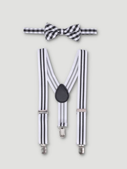 Boys Mono Stripe Formal Suspenders Set - Black