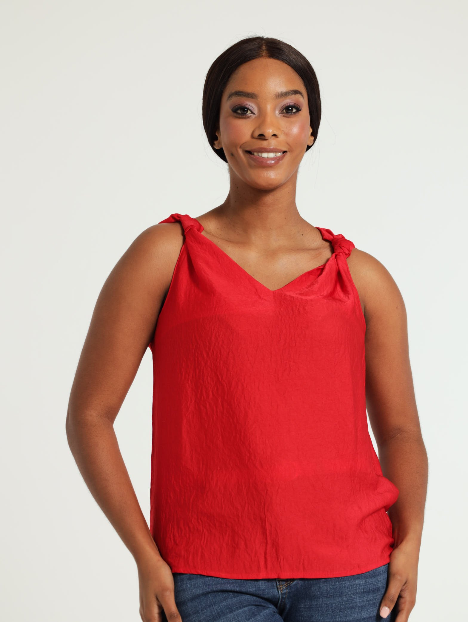 Hammered Knot Strap Swing Tank Top - Red