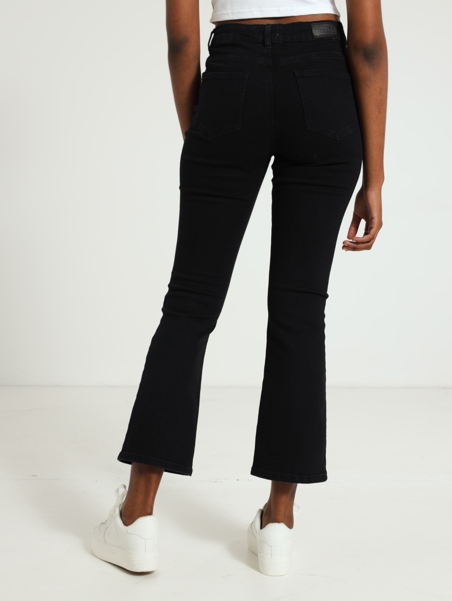 Button Fly Cropped Pocket Flare Jean - Black