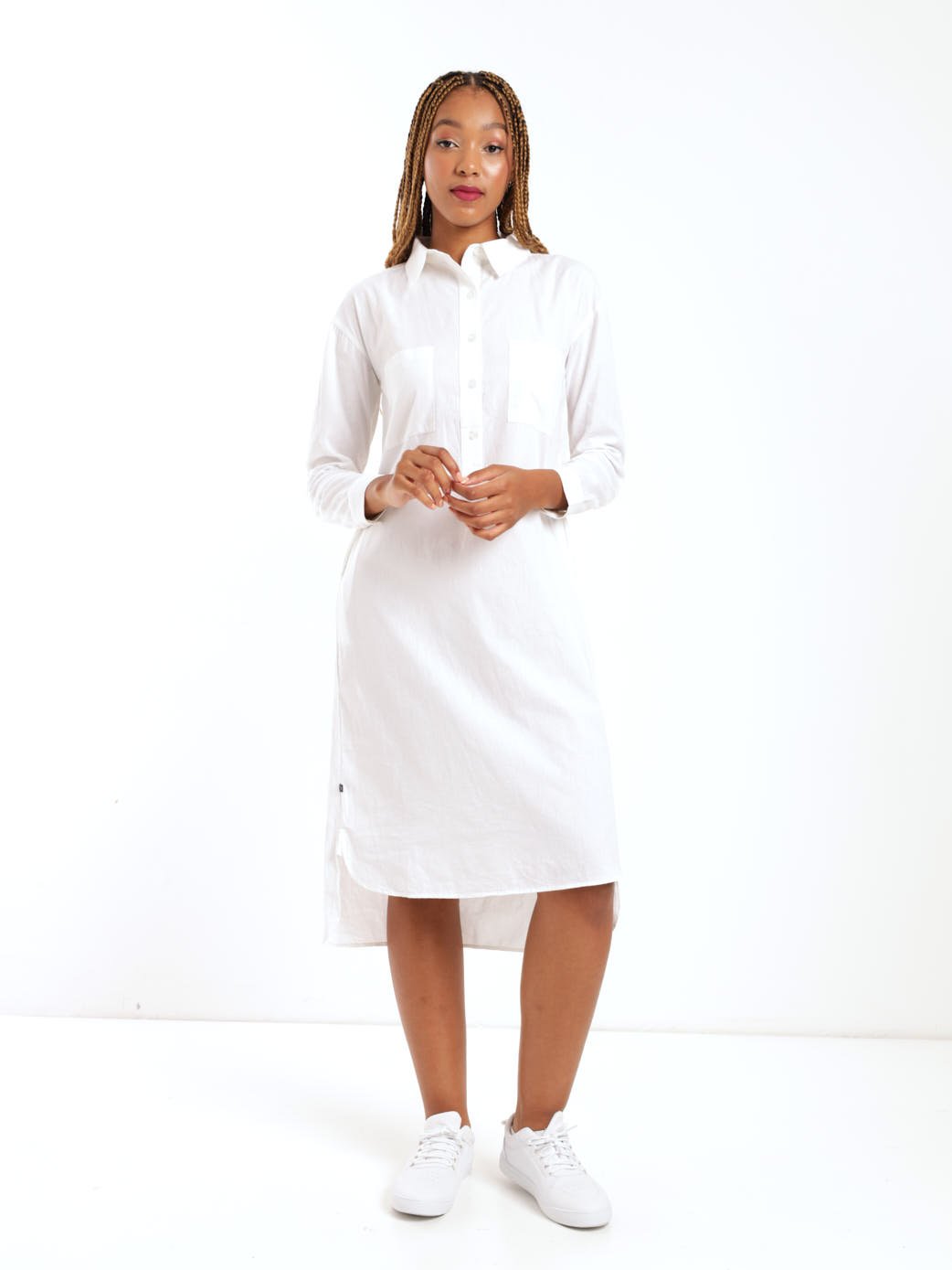 Ladies Embroidered Shirt Dress - White