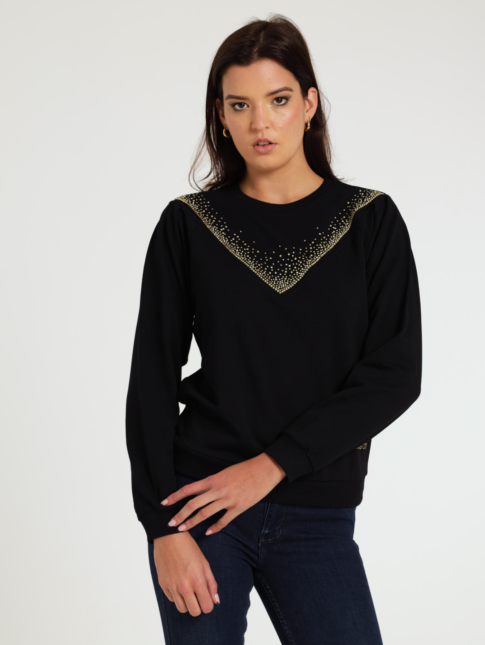 Sweat Top With Puff Sleeves - Black