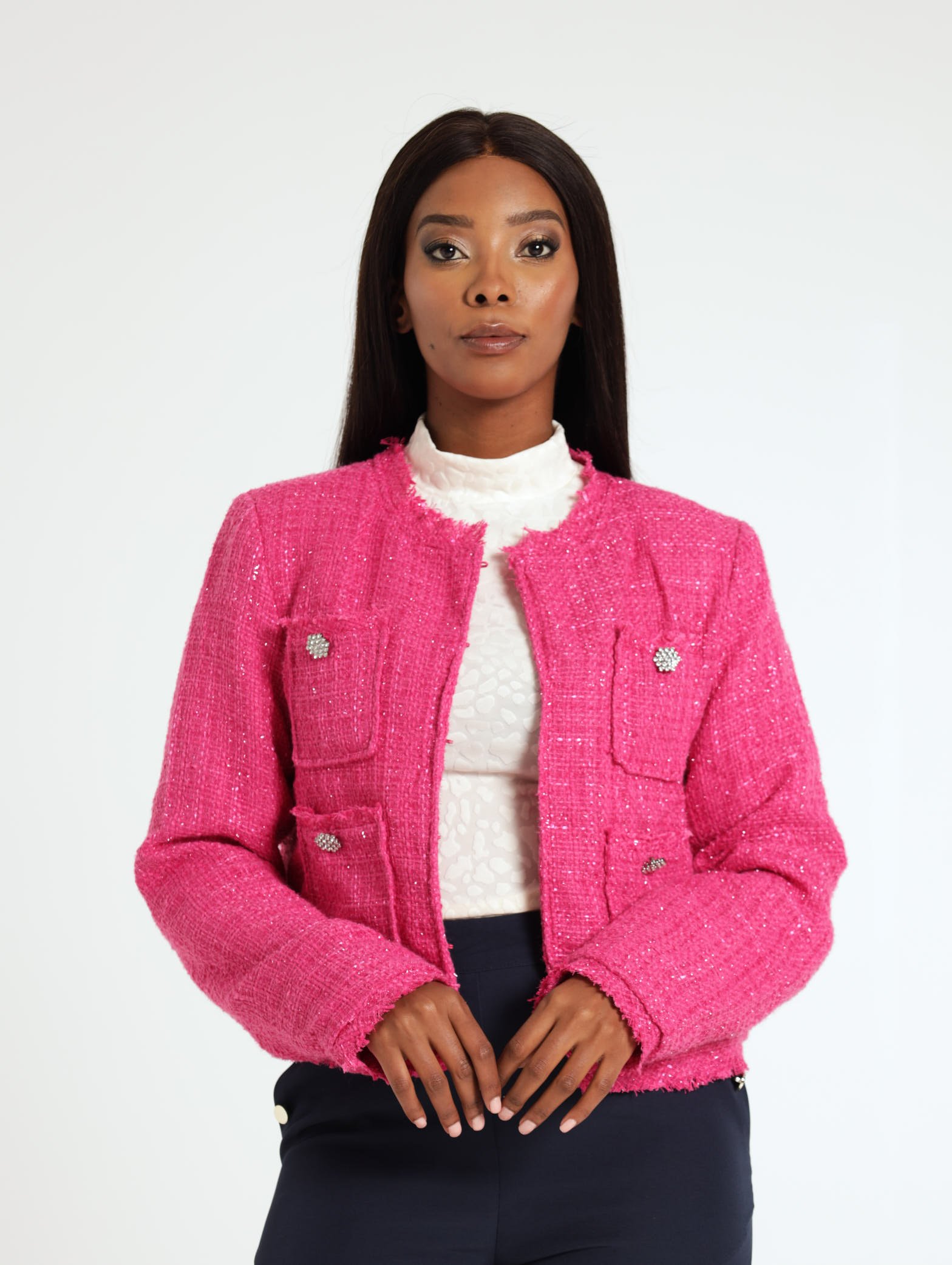 4 Pocket Sparkle Tweed Jacket - Pink
