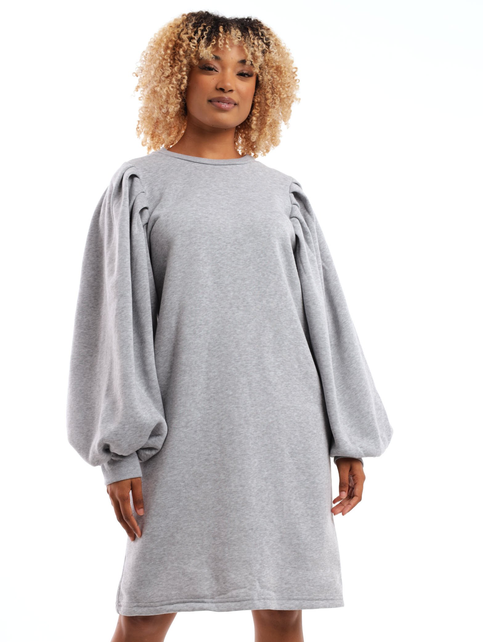 Ladies Puff Sleeve Fleece Dress - Grey Melange