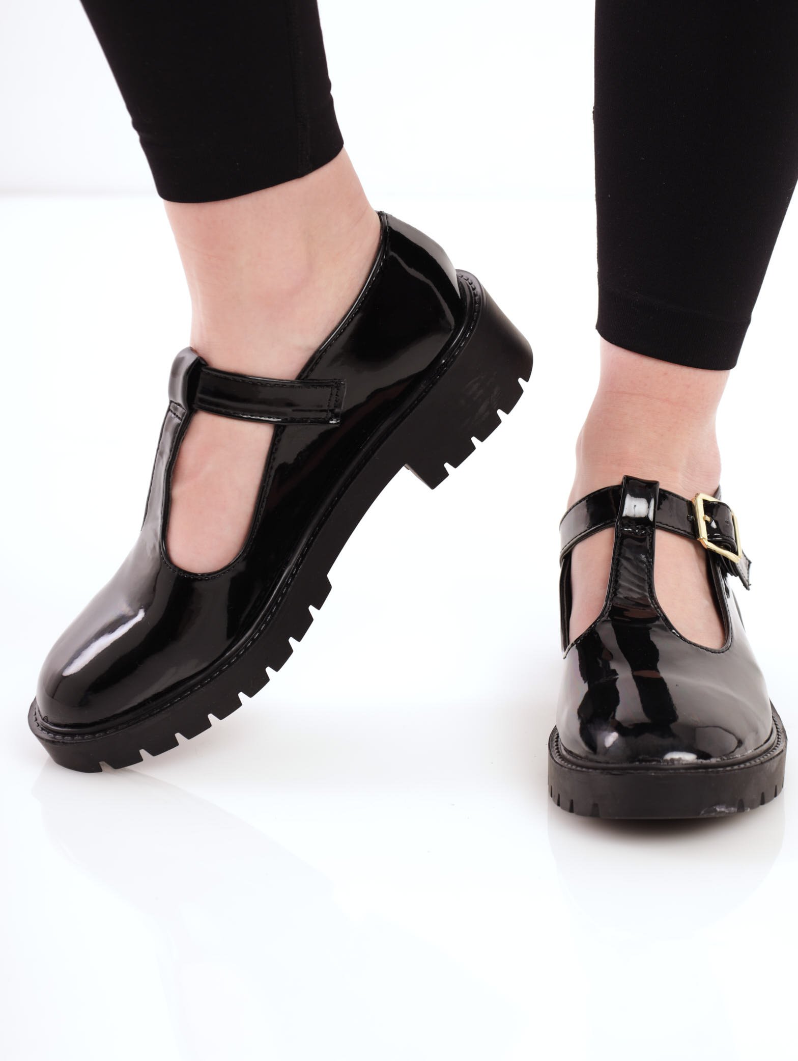 Kickers Ladies Kick Lo Aztec T-Bar Shoes In Black Patent in Black Patent